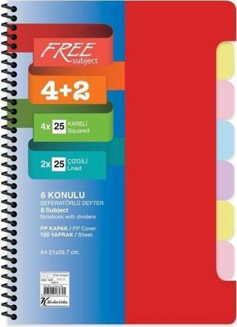 Keskin A4 4+2x25=150Yp. Ayraçlı Free Subject Defter Kırmızı