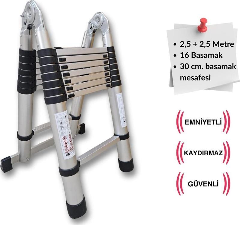 250 + 250 cm. - 8+8  Basamaklı Teleskobik / Teleskopik Merdiven - A Tipi Uzayan Merdiven