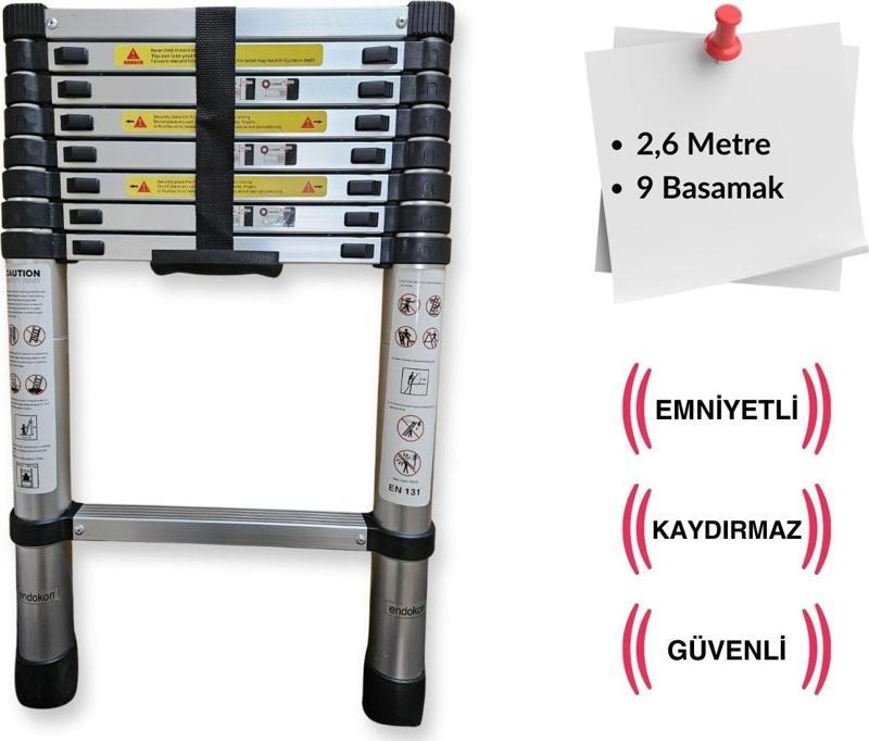 9 Basamaklı - 260 cm. Teleskobik / Teleskopik Alüminyum Merdiven - I Tipi Uzayan Merdiven