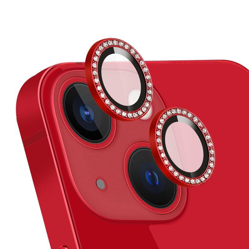 KZY İletişim Apple iPhone 13 Taşlı Tasarım Temperli Cam Kamera Lens Koruyucu - Kırmızı