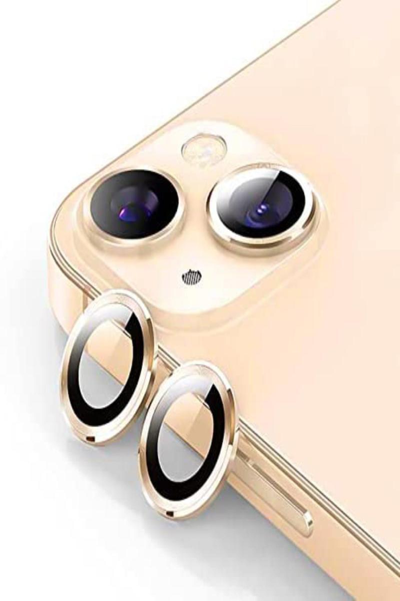 KZY İletişim Apple iPhone 14 Alüminyum Alaşım Temperli Cam Kamera Lens Koruyucu - Gold