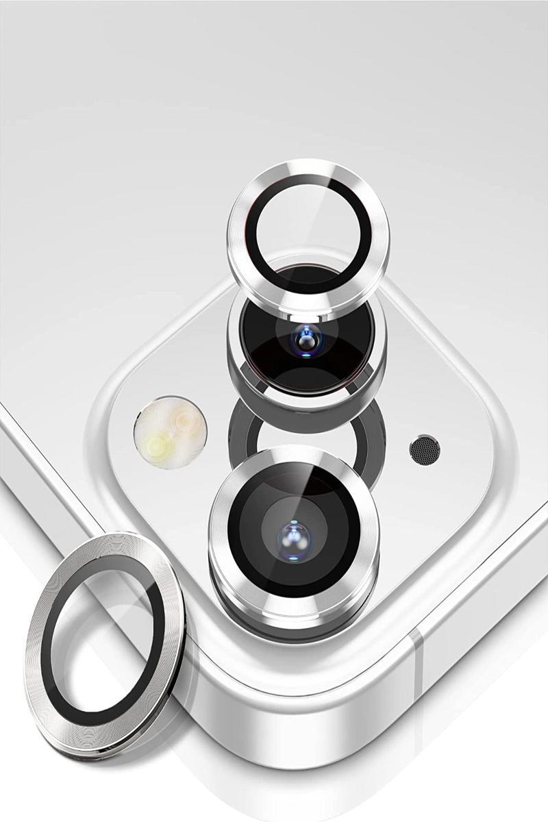 KZY İletişim Apple iPhone 14 Alüminyum Alaşım Temperli Cam Kamera Lens Koruyucu - Gümüş