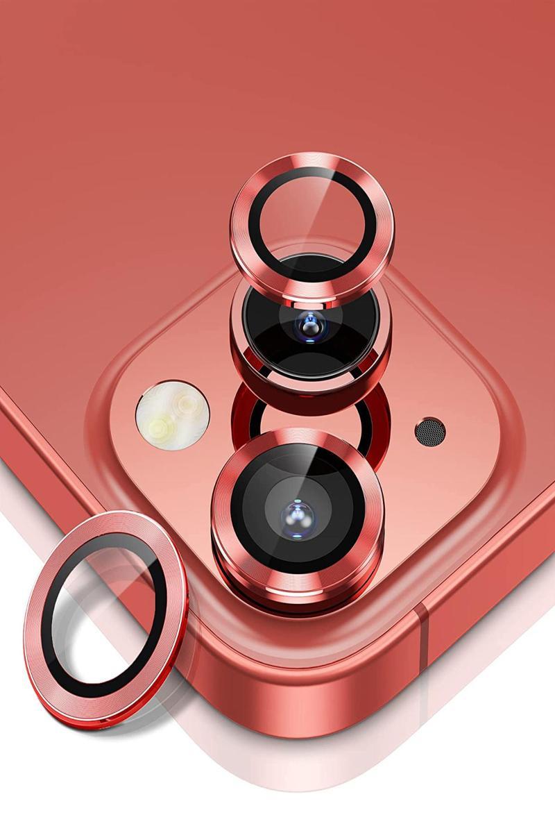 KZY İletişim Apple iPhone 14 Alüminyum Alaşım Temperli Cam Kamera Lens Koruyucu - Kırmızı