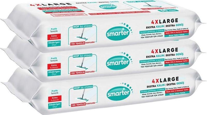 Smarter 3 Adet Yer Temizlik Havlusu Bezi 4XL Mopa Uyumlu Yüzey Beyaz Sabun Kokulu Sirke ve Karbonat Katkılı 90 Yaprak