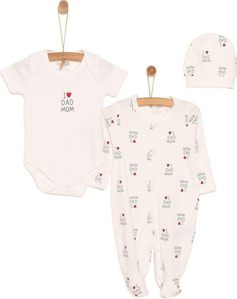 HelloBaby Yenidoğan Baby Mom&Dad Kendinden Eldivenli Tulum-Body-Şapka 3lü Set Unisex