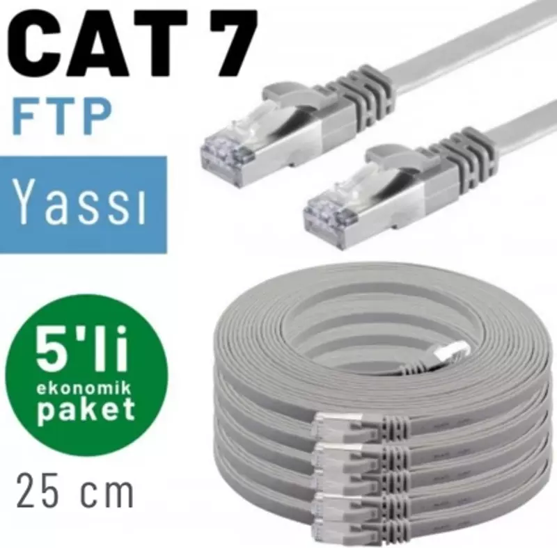 5 adet 25 cm IRENIS CAT7 Kablo Yassı FTP Ethernet Network LAN Kablosu, Gri