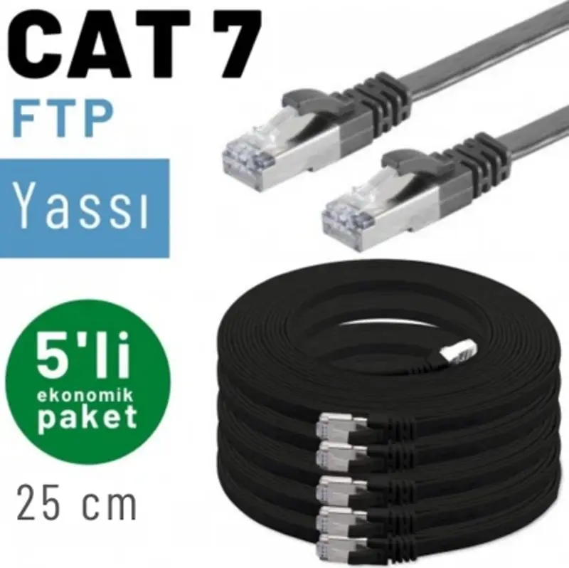 5 adet 25 cm IRENIS CAT7 Kablo Yassı FTP Ethernet Network LAN Kablosu, Siyah