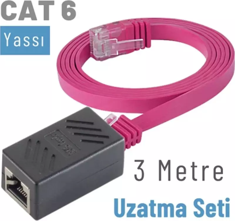 3 Metre CAT6 Kablo Uzatma Seti, Yassı Ethernet Kablo ve Ekleyici