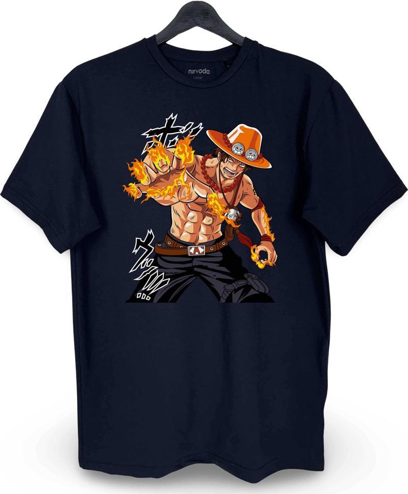 Ace Ateşi One Piece Baskılı Loose Fit Bisiklet Yaka Unisex Tişört Anime Manga