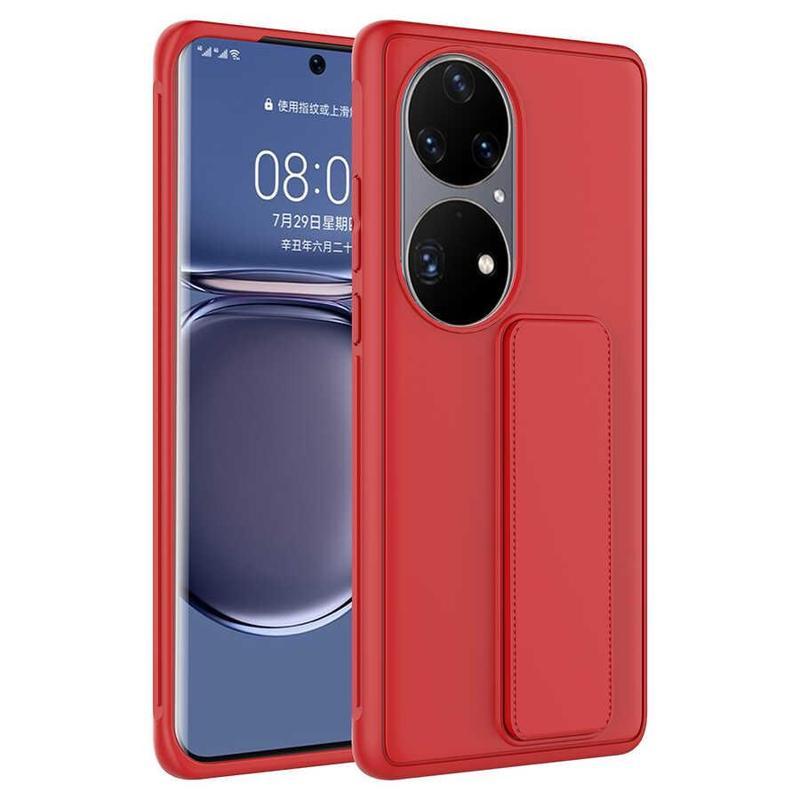 KZY İletişim Huawei P50 Pro Kapak Standlı El Tutacaklı Silikon Kılıf - Kırmızı