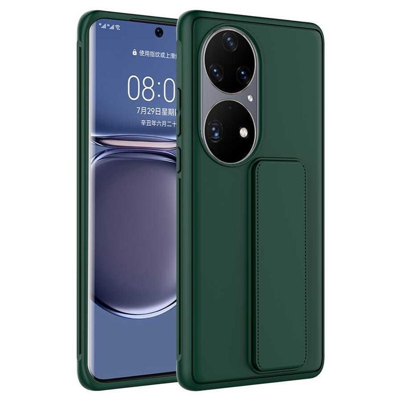 KZY İletişim Huawei P50 Pro Kapak Standlı El Tutacaklı Silikon Kılıf - Koyu Yeşil