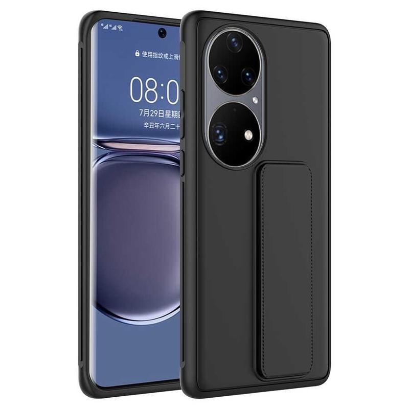 KZY İletişim Huawei P50 Pro Kapak Standlı El Tutacaklı Silikon Kılıf - Siyah