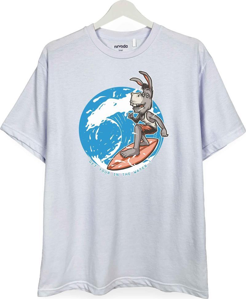 Surf Yapan Eşek Baskılı Loose Fit Bisiklet Yaka Unisex Tişört