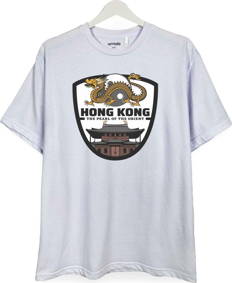 Hong Kong Ejderi Baskılı Loose Fit Bisiklet Yaka Unisex Tişört