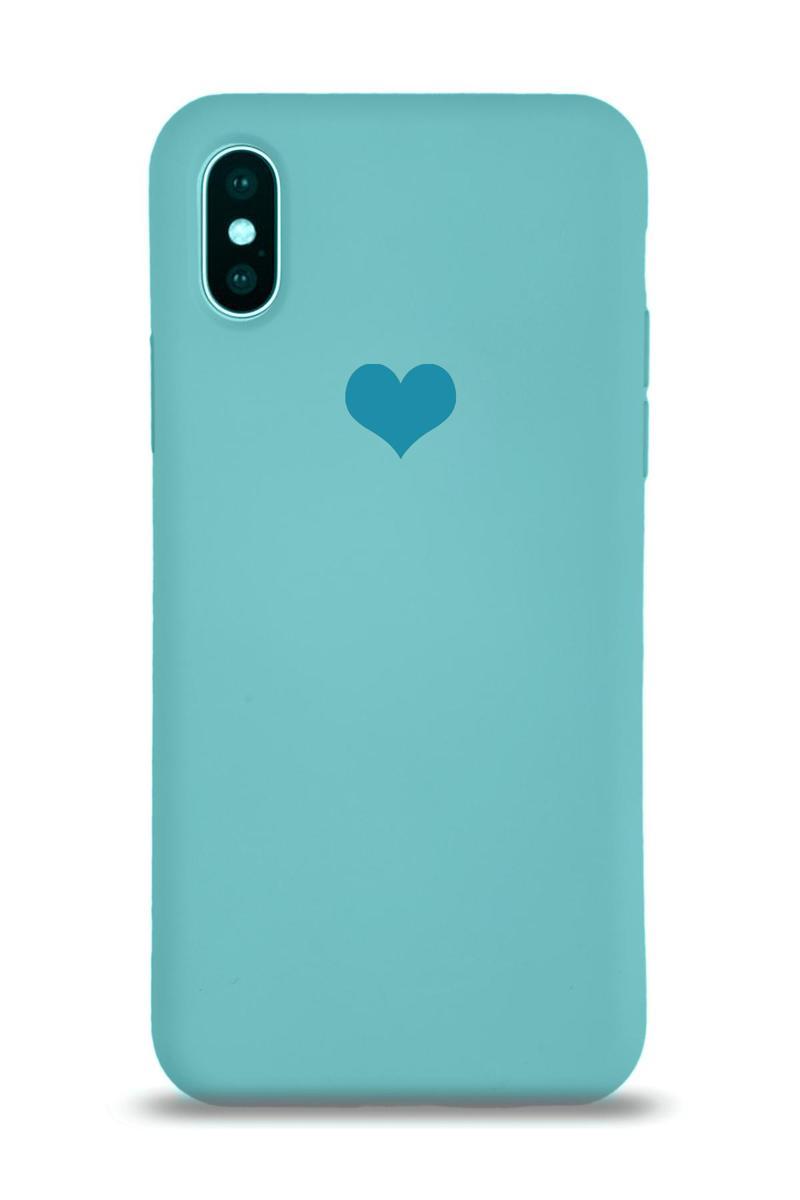 KZY İletişim Apple iPhone X Kılıf Kalp Logolu Altı Kapalı İçi Kadife Lansman Silikon Kılıf - Turkuaz
