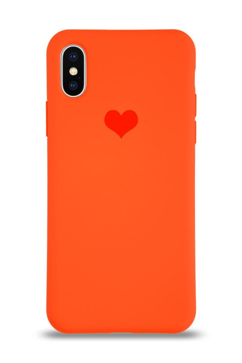 KZY İletişim Apple iPhone X Kılıf Kalp Logolu Altı Kapalı İçi Kadife Lansman Silikon Kılıf - Turuncu