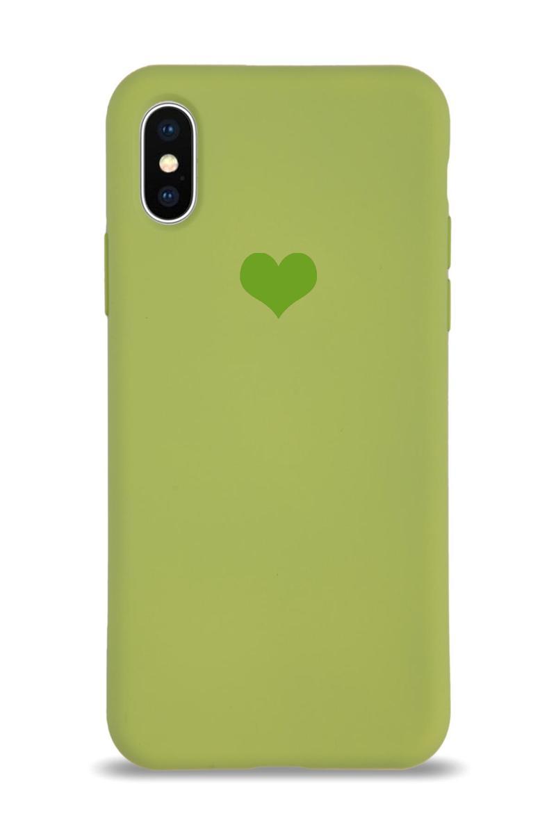 KZY İletişim Apple iPhone X Kılıf Kalp Logolu Altı Kapalı İçi Kadife Lansman Silikon Kılıf - Yeşil