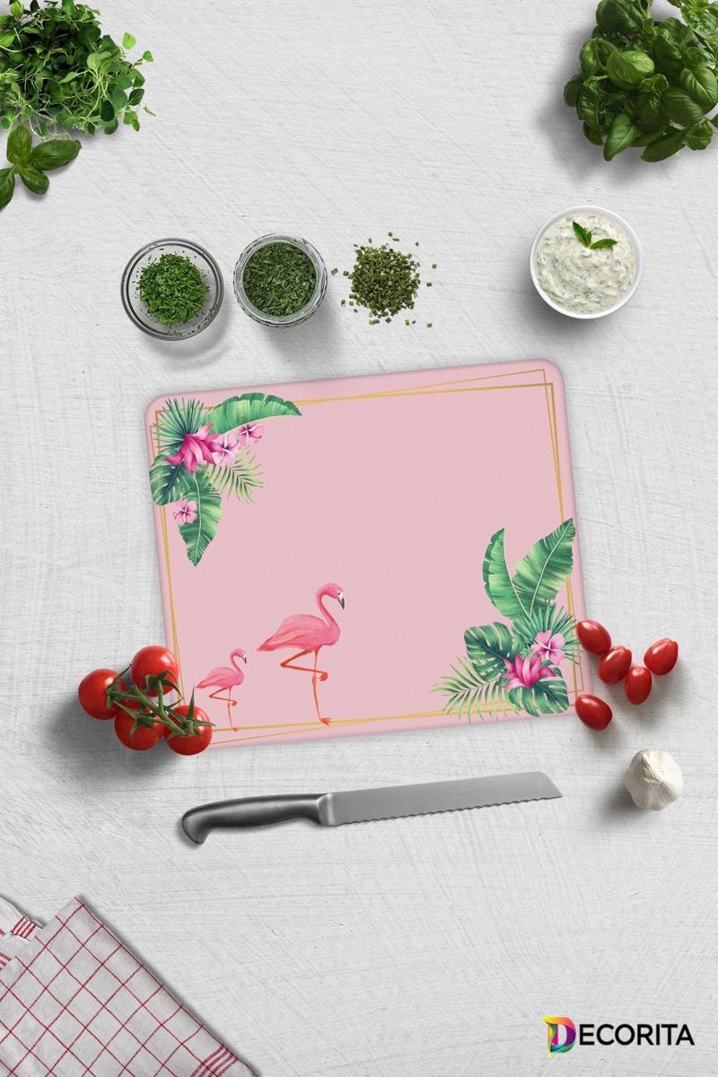 Cam Kesme Tahtası - Cam Kesme Tablası | Tropik Yapraklar & Flamingo | 29cm x 34cm