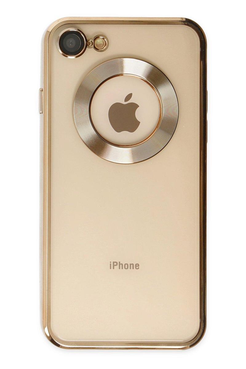 KZY İletişim Apple iPhone SE 2020 Kapak Yanları Renkli Lens Korumalı Logo Gösteren Şeffaf Luxury Kılıf - Gold