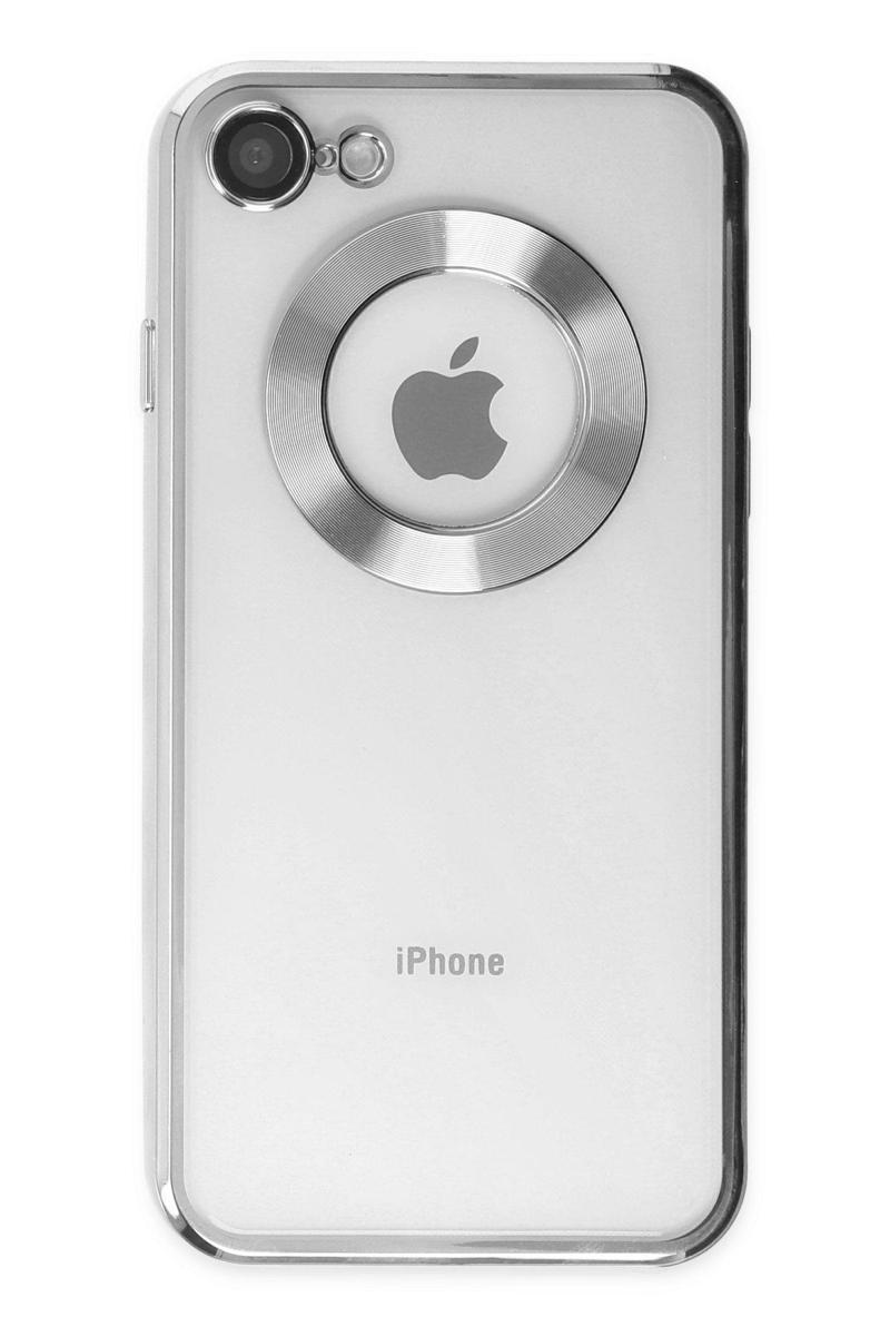 KZY İletişim Apple iPhone SE 2020 Kapak Yanları Renkli Lens Korumalı Logo Gösteren Şeffaf Luxury Kılıf - Gri