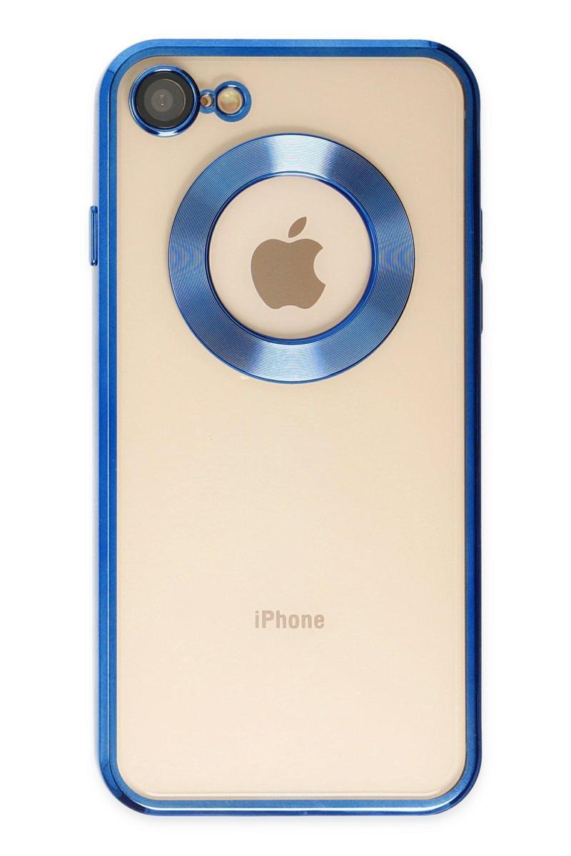 Kılıfmania Apple iPhone SE 2020 Kapak Yanları Renkli Lens Korumalı Logo Gösteren Şeffaf Luxury Kılıf - Mavi