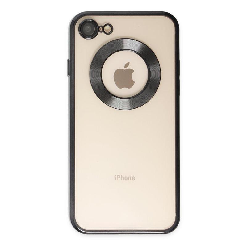 KZY İletişim Apple iPhone SE 2020 Kapak Yanları Renkli Lens Korumalı Logo Gösteren Şeffaf Luxury Kılıf - Siyah