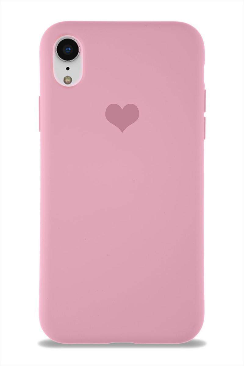 KZY İletişim Apple iPhone XR Kılıf Kalp Logolu Altı Kapalı İçi Kadife Lansman Silikon Kılıf - Pembe
