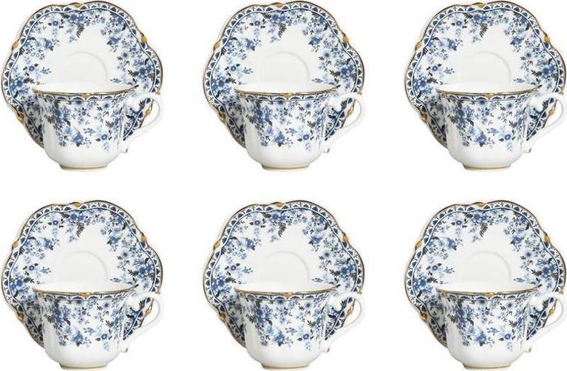 Clarice New Bone China Porselen Mavi Küçük Çiçek Desenli 6 lı Kahve Fincanı Seti