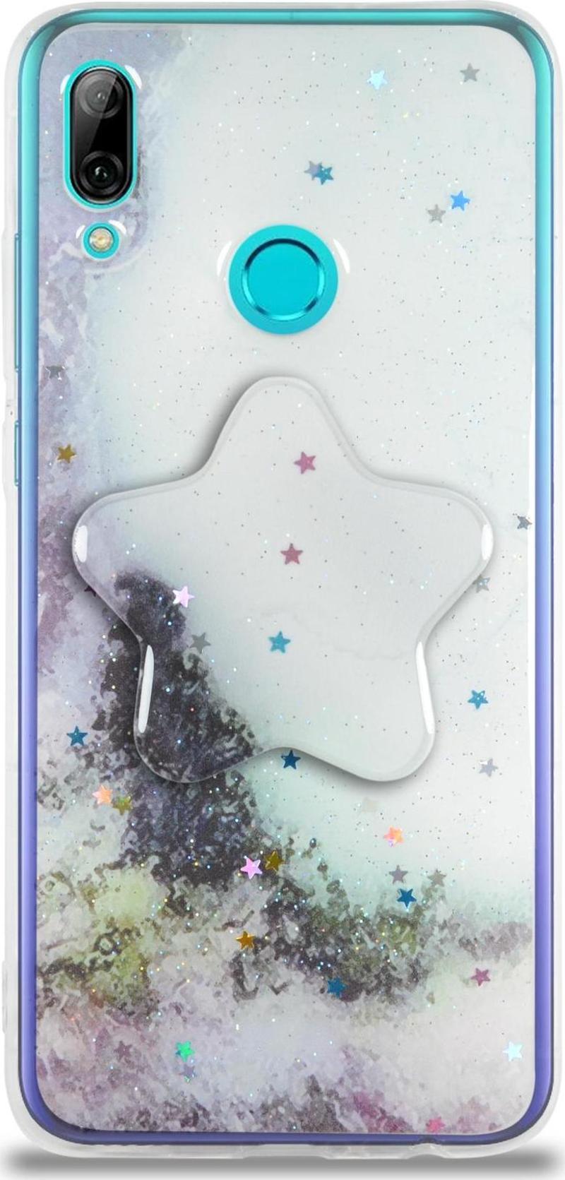 Huawei P Smart 2019 Kapak Mermer Desenli Pop Socketli Silikon Kılıf - Beyaz