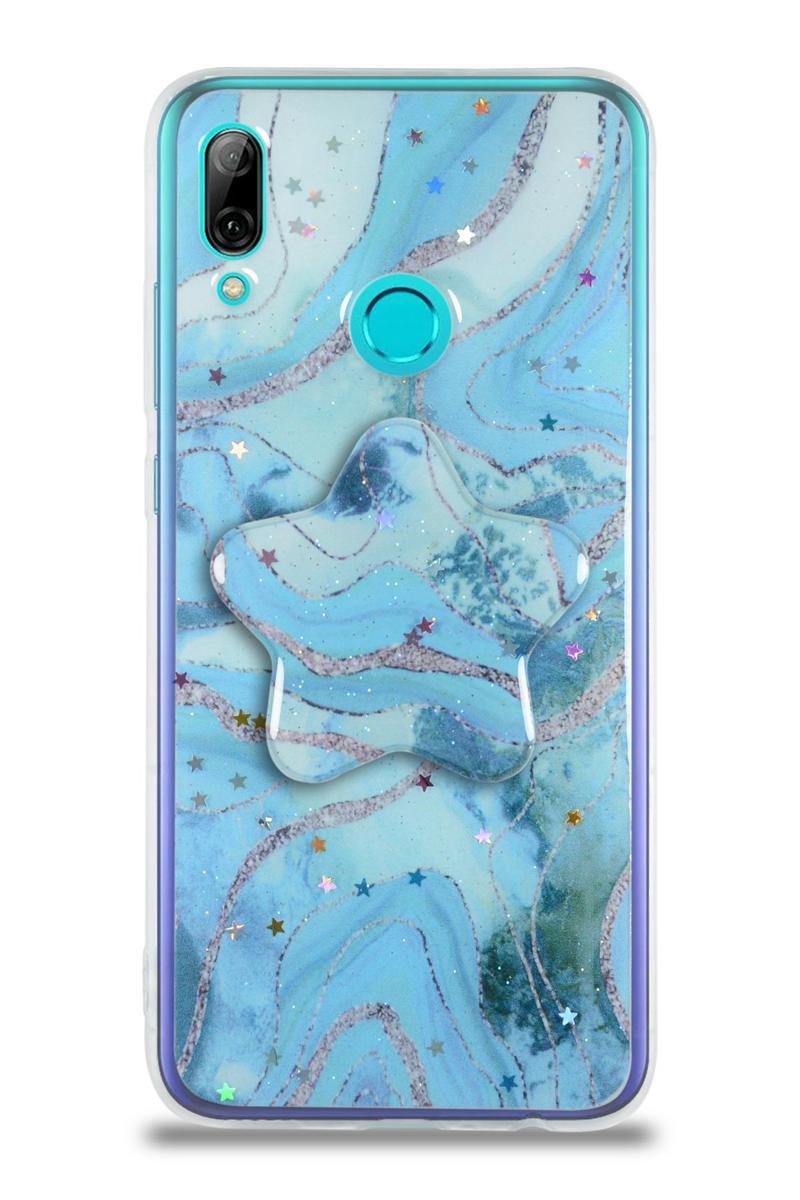 KZY İletişim Huawei Y7 2019 Kapak Mermer Desenli Pop Socketli Silikon Kılıf - Mavi
