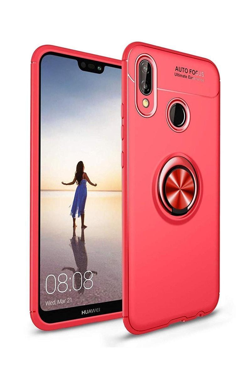 KZY İletişim Huawei P20 Lite Kılıf Renkli Yüzüklü Manyetik Silikon Kapak Kırmızı - Kırmızı