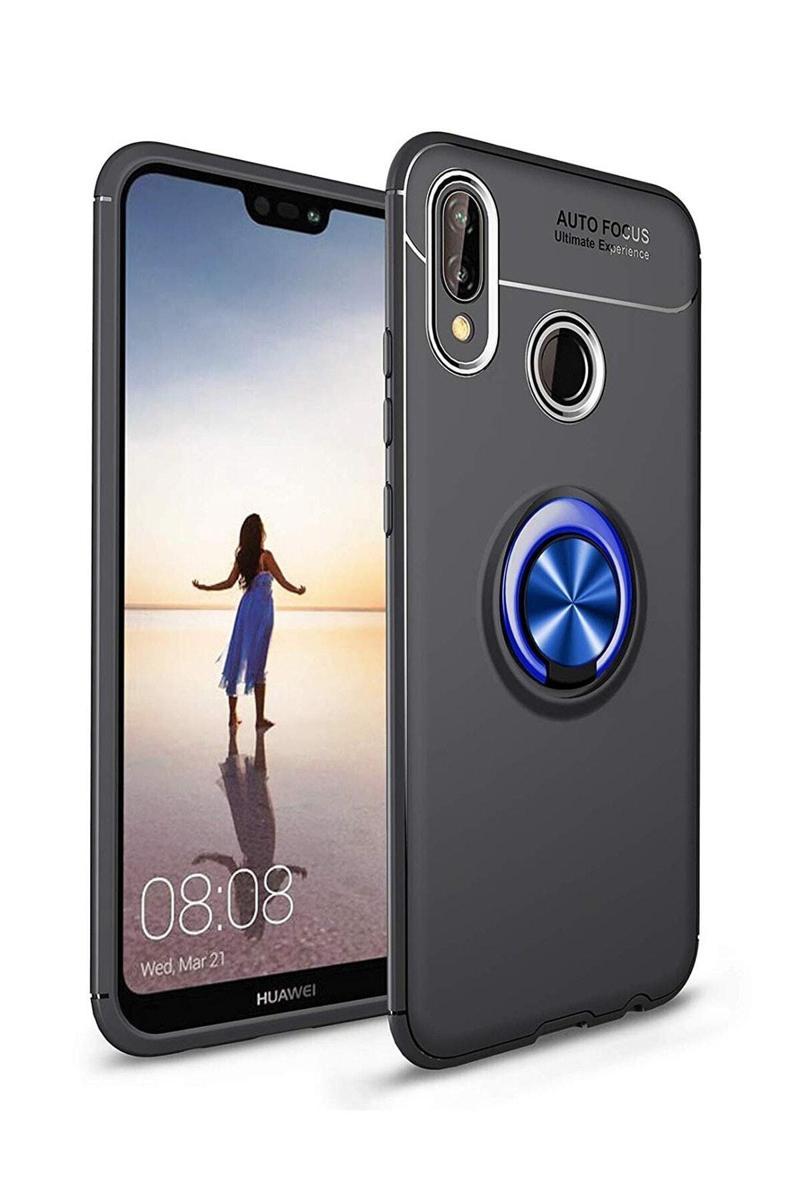 KZY İletişim Huawei P20 Lite Kılıf Renkli Yüzüklü Manyetik Silikon Kapak Siyah - Mavi