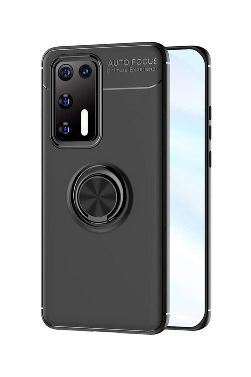 KZY İletişim Huawei P40 Kılıf Renkli Yüzüklü Manyetik Silikon Kapak Siyah - Siyah