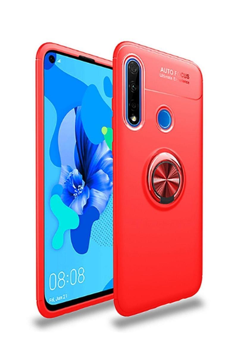 KZY İletişim Huawei P40 Lite E Kılıf Renkli Yüzüklü Manyetik Silikon Kapak Kırmızı - Kırmızı