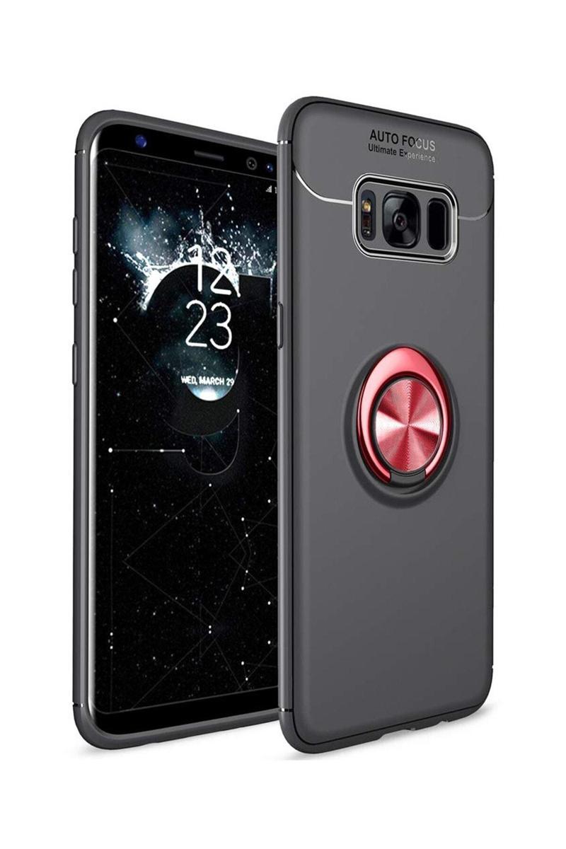 KZY İletişim Samsung Galaxy S8 Plus Kılıf Renkli Yüzüklü Manyetik Silikon Kapak Siyah - Kırmızı