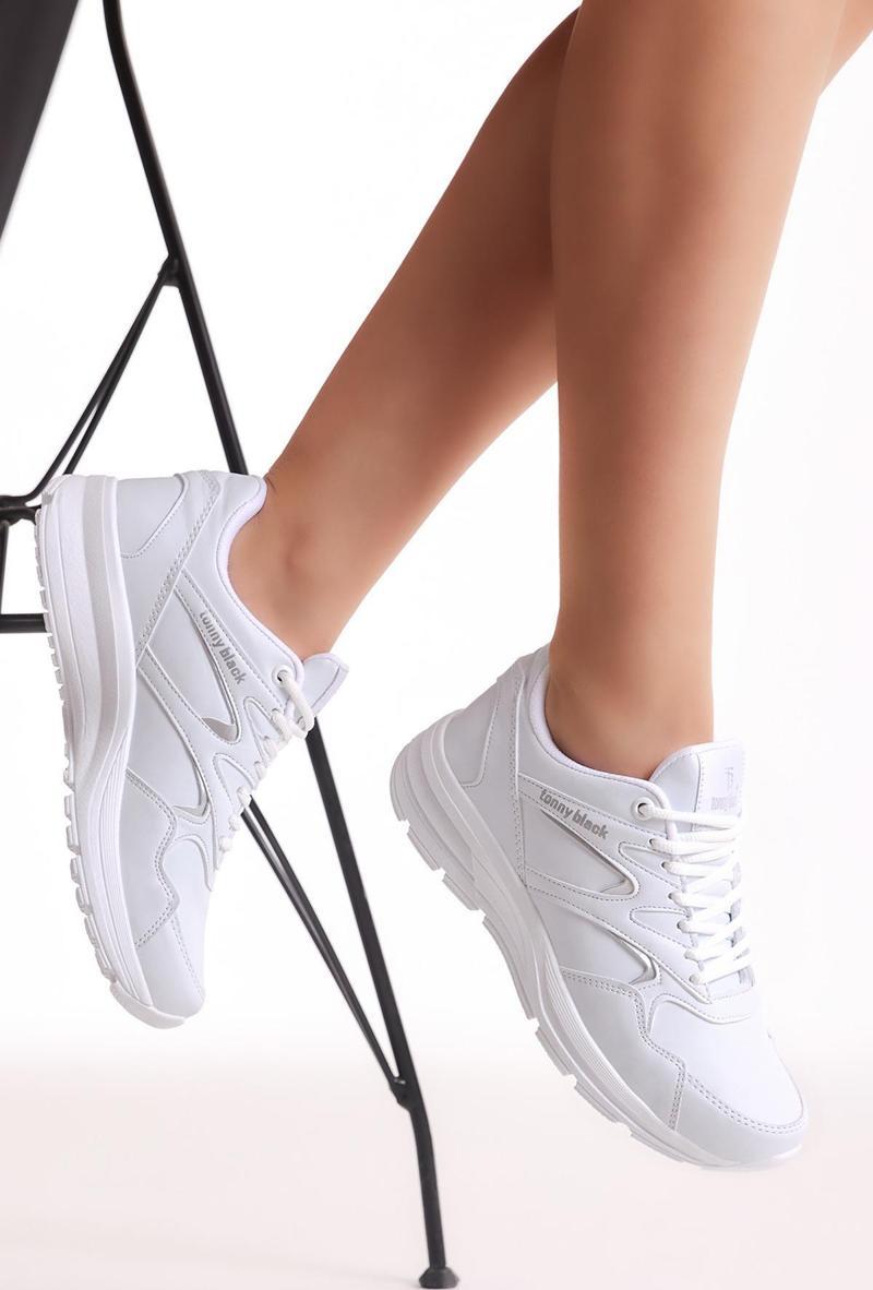Unisex Beyaz Poli Taban Nefes Alabilen Kumaş Bağcıklı Spor Ayakkabı
