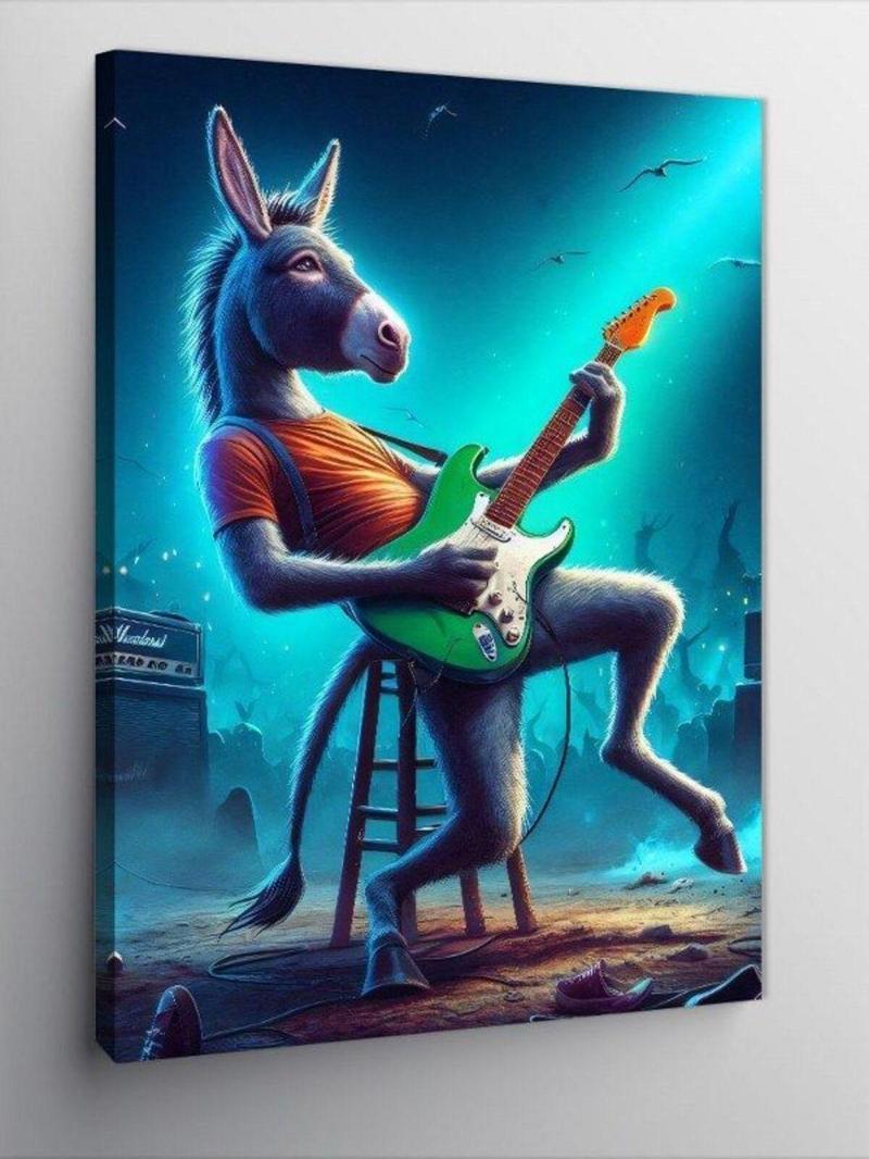 Kanvas Tablo Elektro Gitar Çalan Eşek