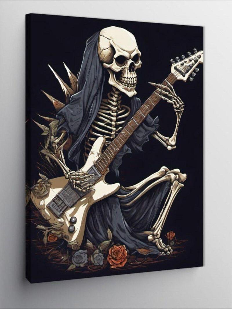 Kanvas Tablo Elektro Gitar Çalan İskelet