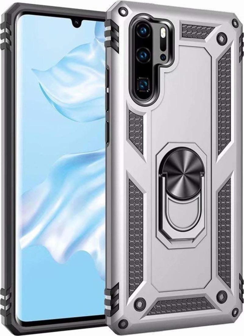 Huawei P30 Pro Kapak Yüzüklü Stantlı Panzer Tank Kılıf - Gri
