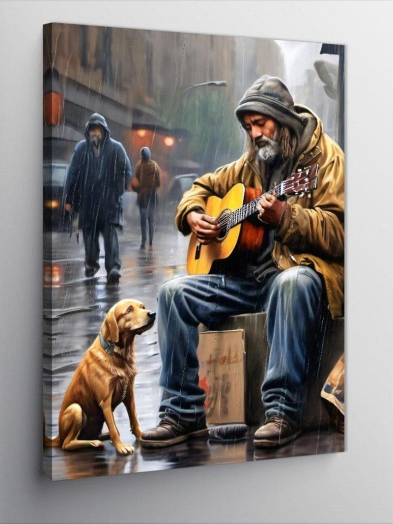 Kanvas Tablo Sokakta Gitar Çalan Adam Ve Köpeği