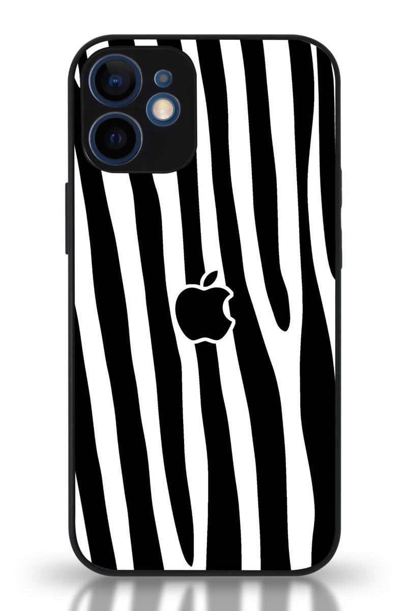 KZY İletişim Apple iPhone 12 Mini Uyumlu Kamera Korumalı Cam Kapak - Siyah Zebra Desenli