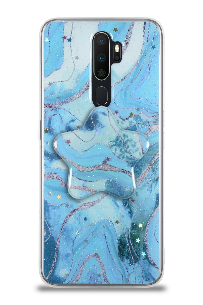 KZY İletişim Oppo A9 2020 Kapak Mermer Desenli Pop Socketli Silikon Kılıf - Mavi