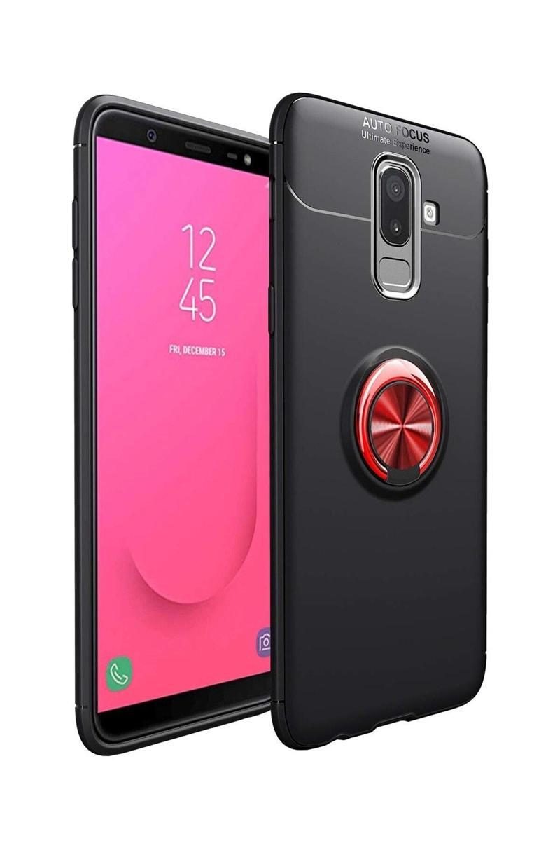 KZY İletişim Samsung Galaxy J8 Kılıf Renkli Yüzüklü Manyetik Silikon Kapak Siyah - Kırmızı