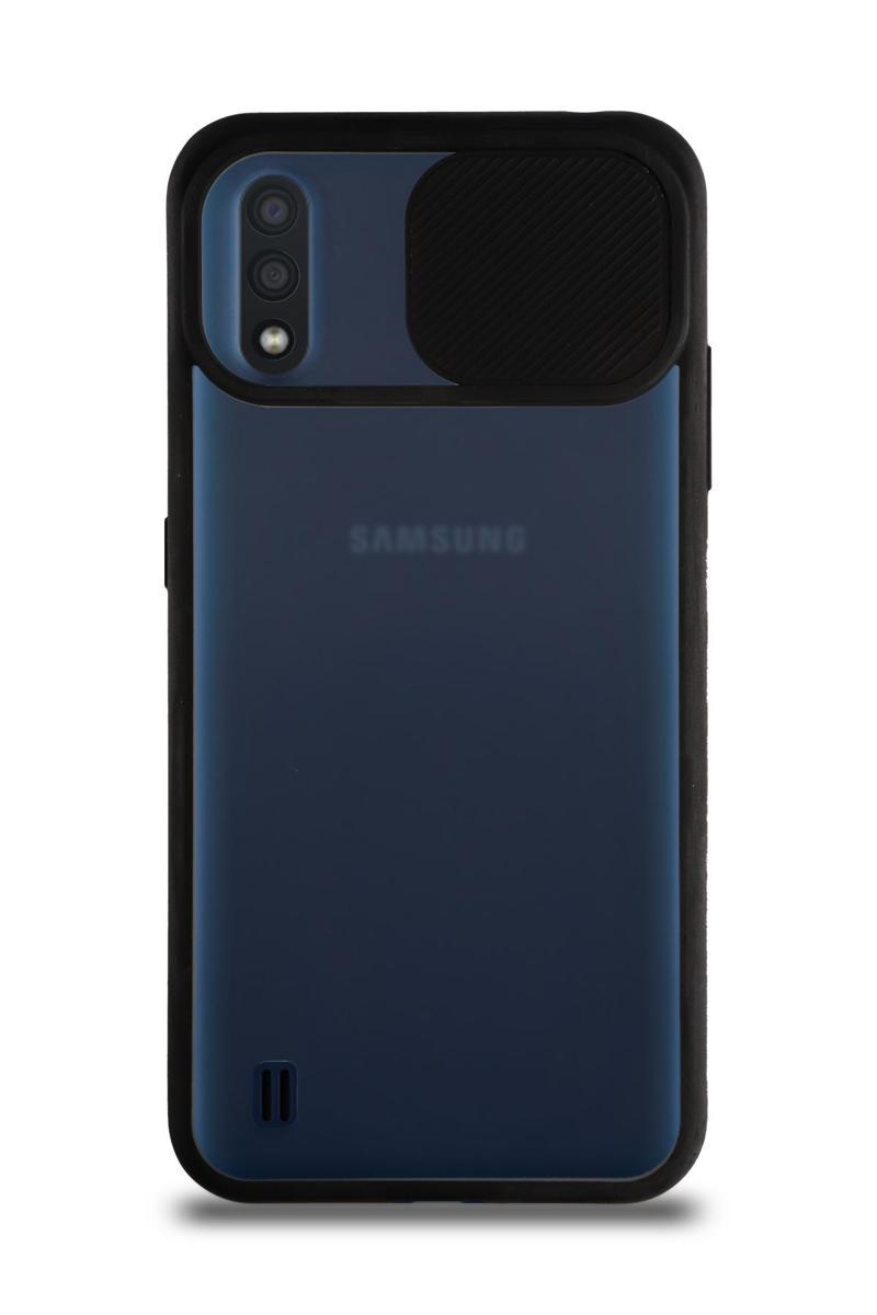 KZY İletişim Samsung Galaxy M01 Kapak Lensi Açılır Kapanır Kamera Korumalı Silikon Kılıf - Siyah