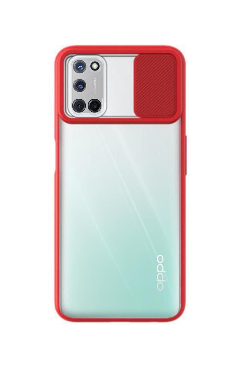 KZY İletişim Oppo A92 Kapak Lensi Açılır Kapanır Kamera Korumalı Silikon Kılıf - Kırmızı