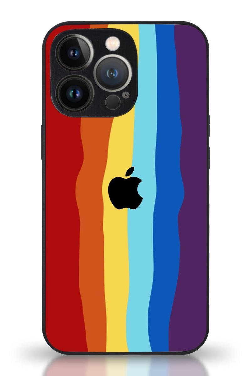 Kılıfmania Apple iPhone 13 Pro Max Uyumlu Kamera Korumalı Cam Kapak - Siyah Gökkuşağı Desenli