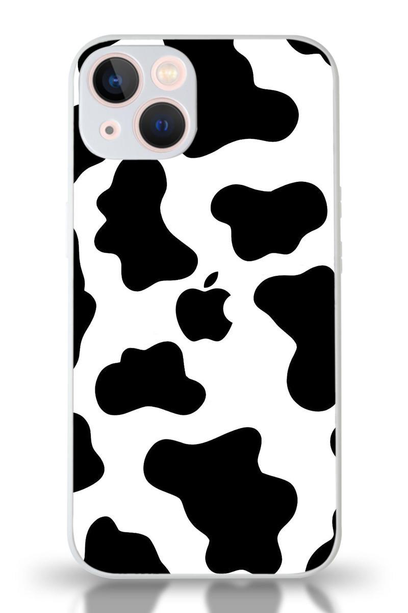 Kılıfmania Apple iPhone 13 Uyumlu Kamera Korumalı Cam Kapak - Beyaz İnek Desenli