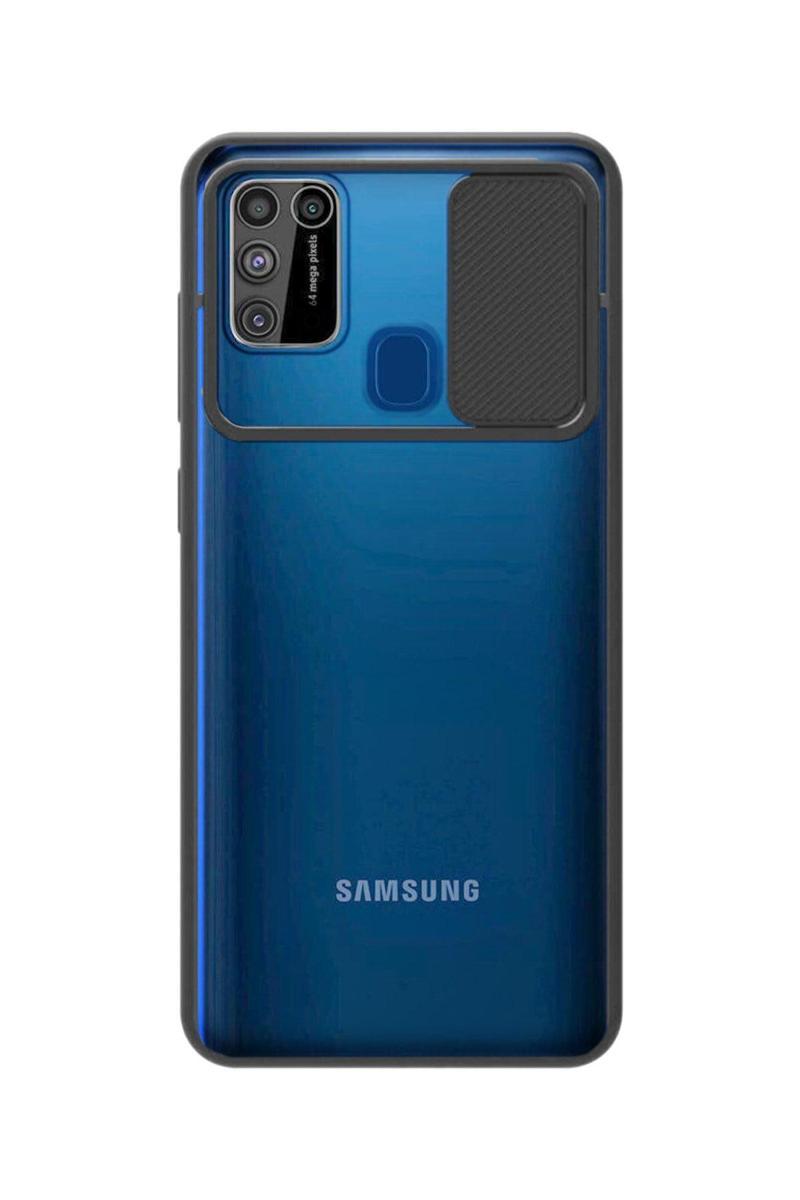 KZY İletişim Samsung Galaxy M21 Kapak Lensi Açılır Kapanır Kamera Korumalı Silikon Kılıf - Siyah