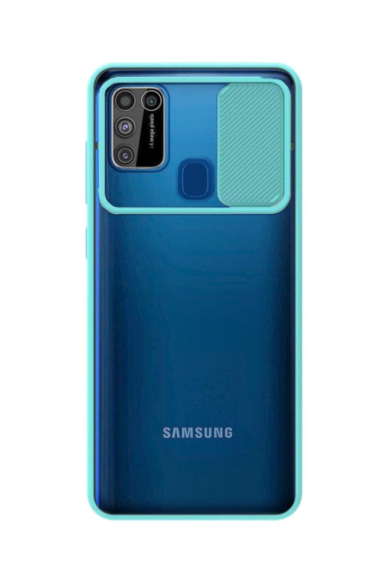 KZY İletişim Samsung Galaxy M21 Kapak Lensi Açılır Kapanır Kamera Korumalı Silikon Kılıf - Turkuaz