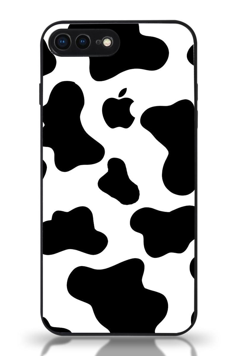 KZY İletişim Apple iPhone 8 Plus Uyumlu Kamera Korumalı Cam Kapak - Siyah İnek Desenli